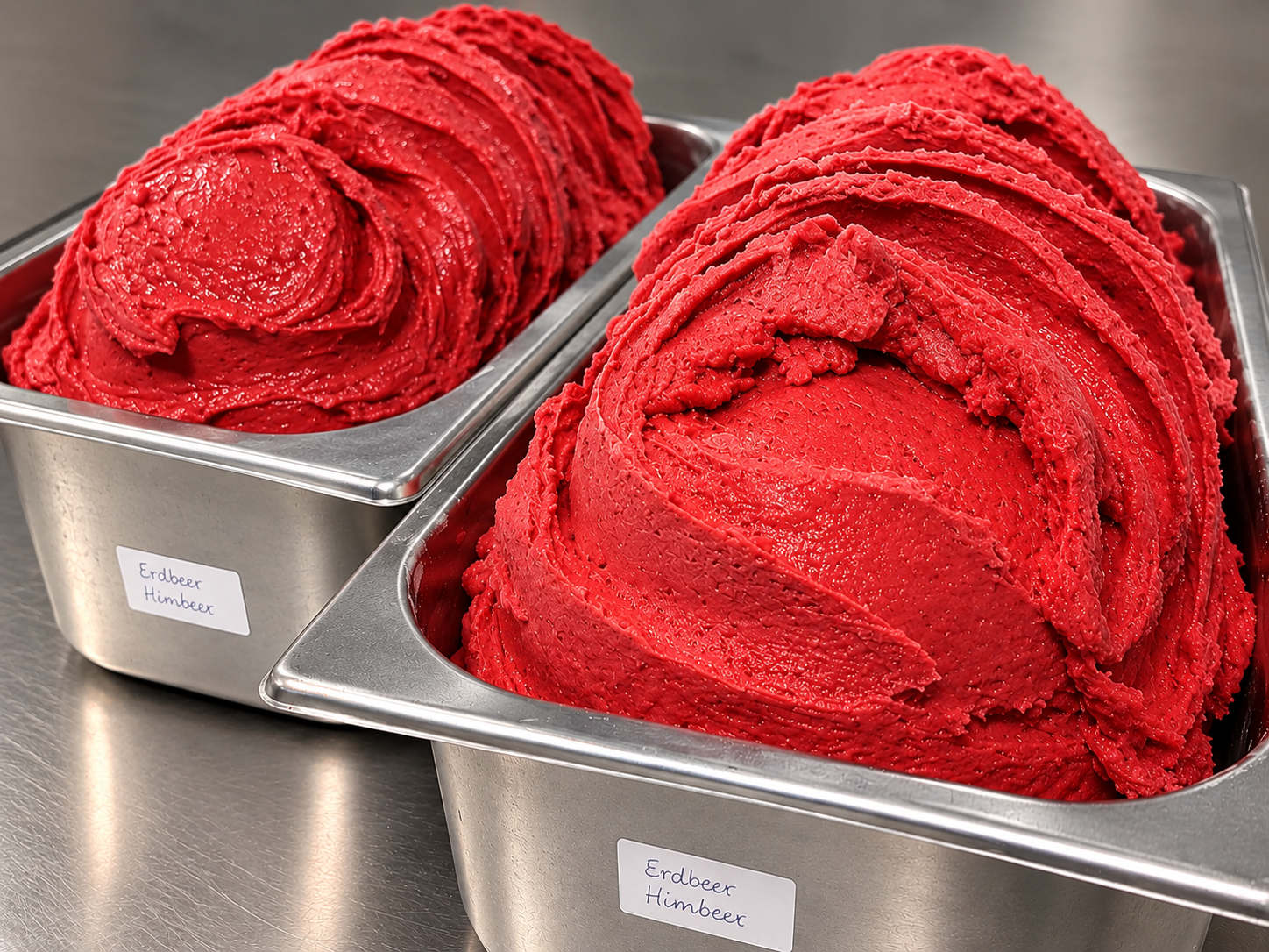 Zwei frisch abgefüllte Wannen Erdbeer-Himbeer-Sorbet in der KAVLAK Eismanufaktur